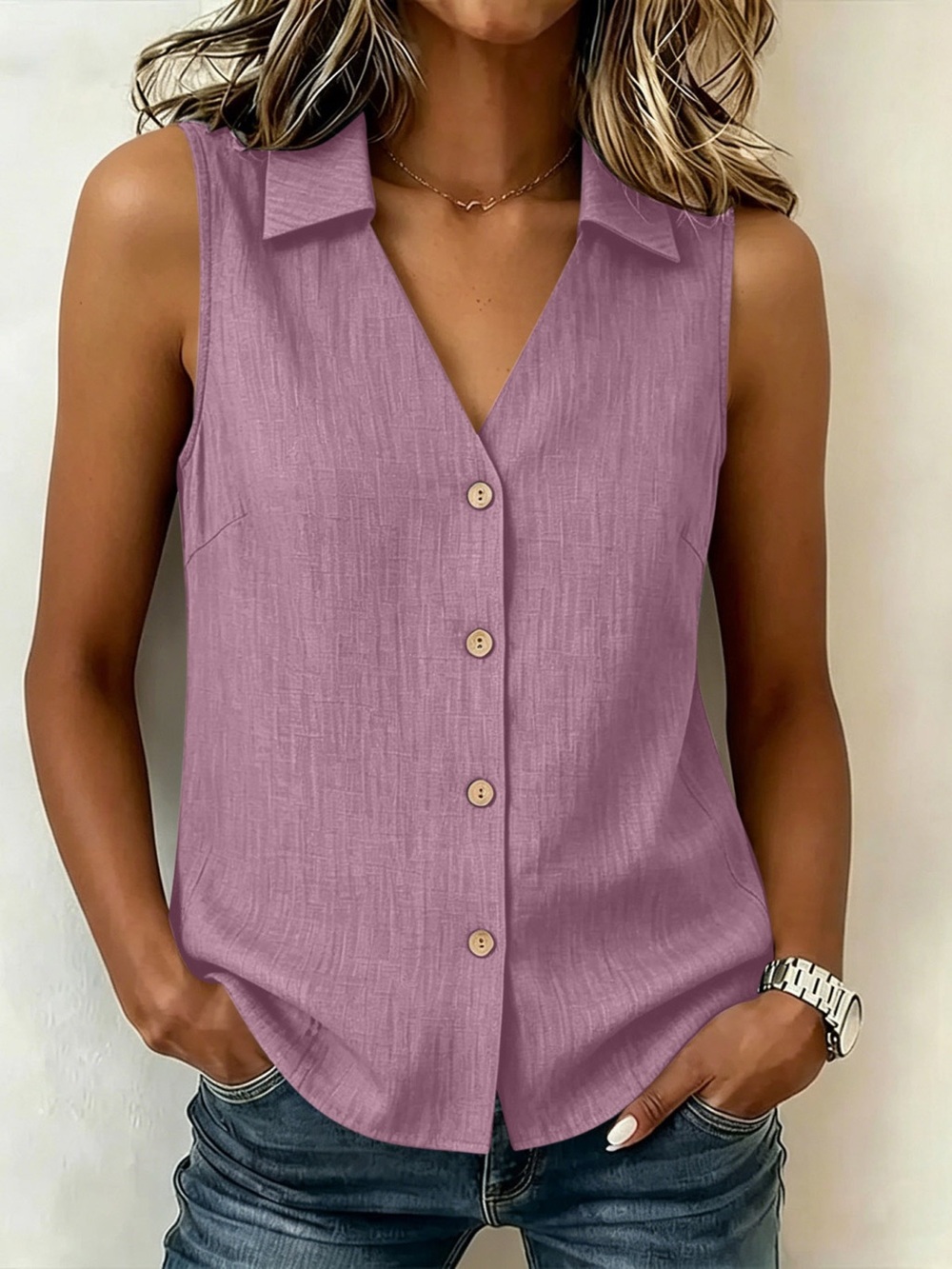 Full Size Button-Up Collared Neck Sleeveless Top Plus Size